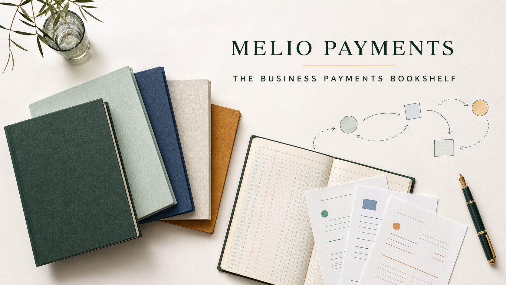 A top-down editorial reading desk with five unbranded business books, a ledger and abstract payment-flow notes